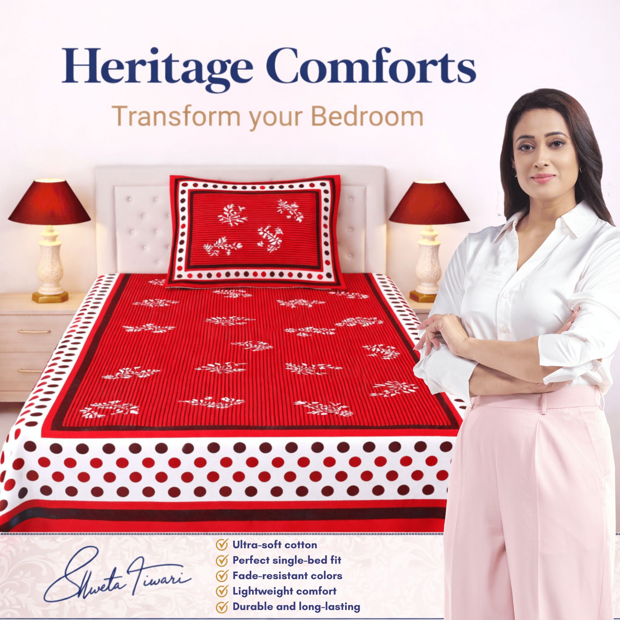 Cotton 144 TC Printed Single Bedsheet with 1 Pillow Cover – Soft & Breathable Flat Bed Sheet (Multicolor)