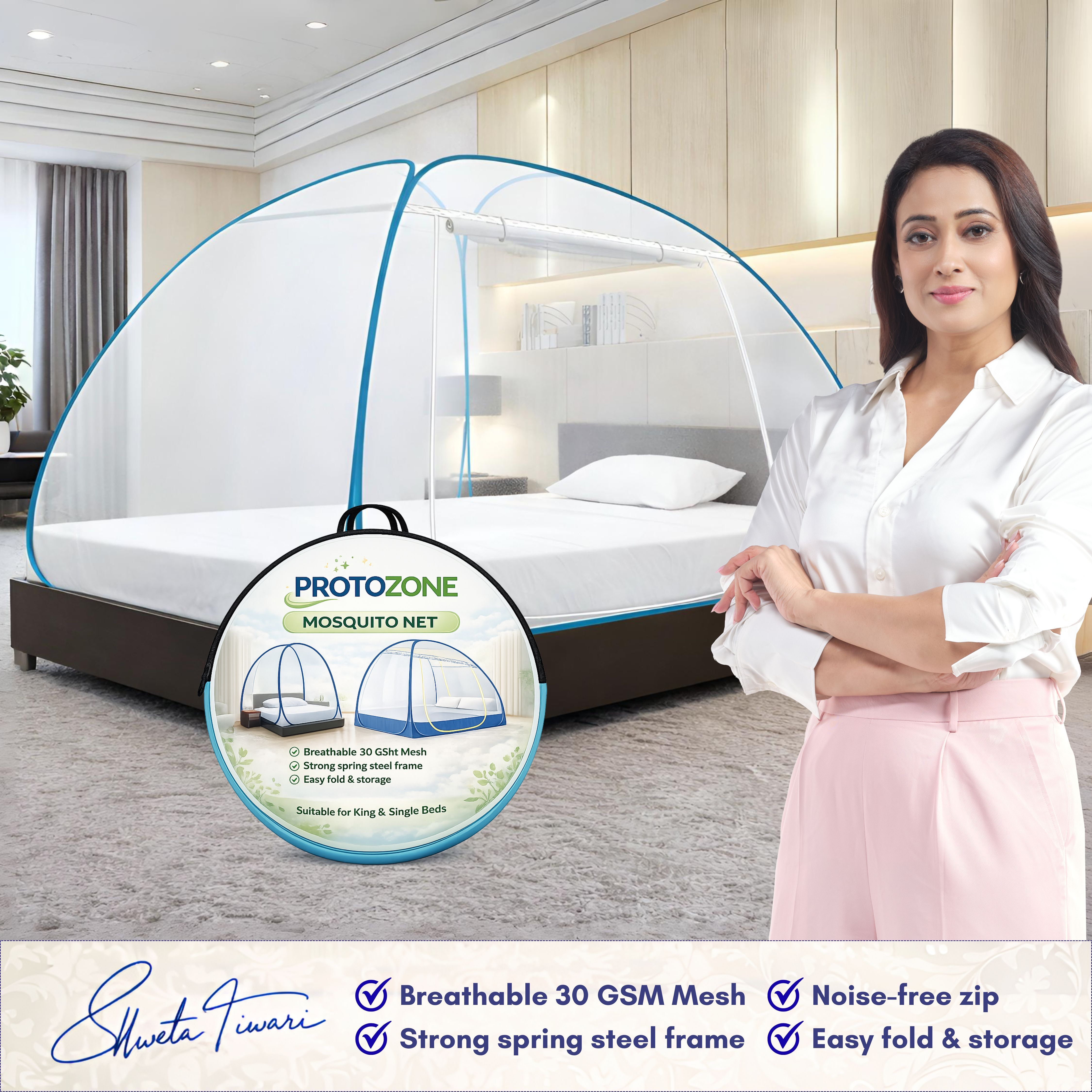 Foldable Mosquito Net for Double/King Size Bed – Fine Mesh Anti Mosquito Net with Zipper Door, Lightweight & Easy to Install (Multicolor)