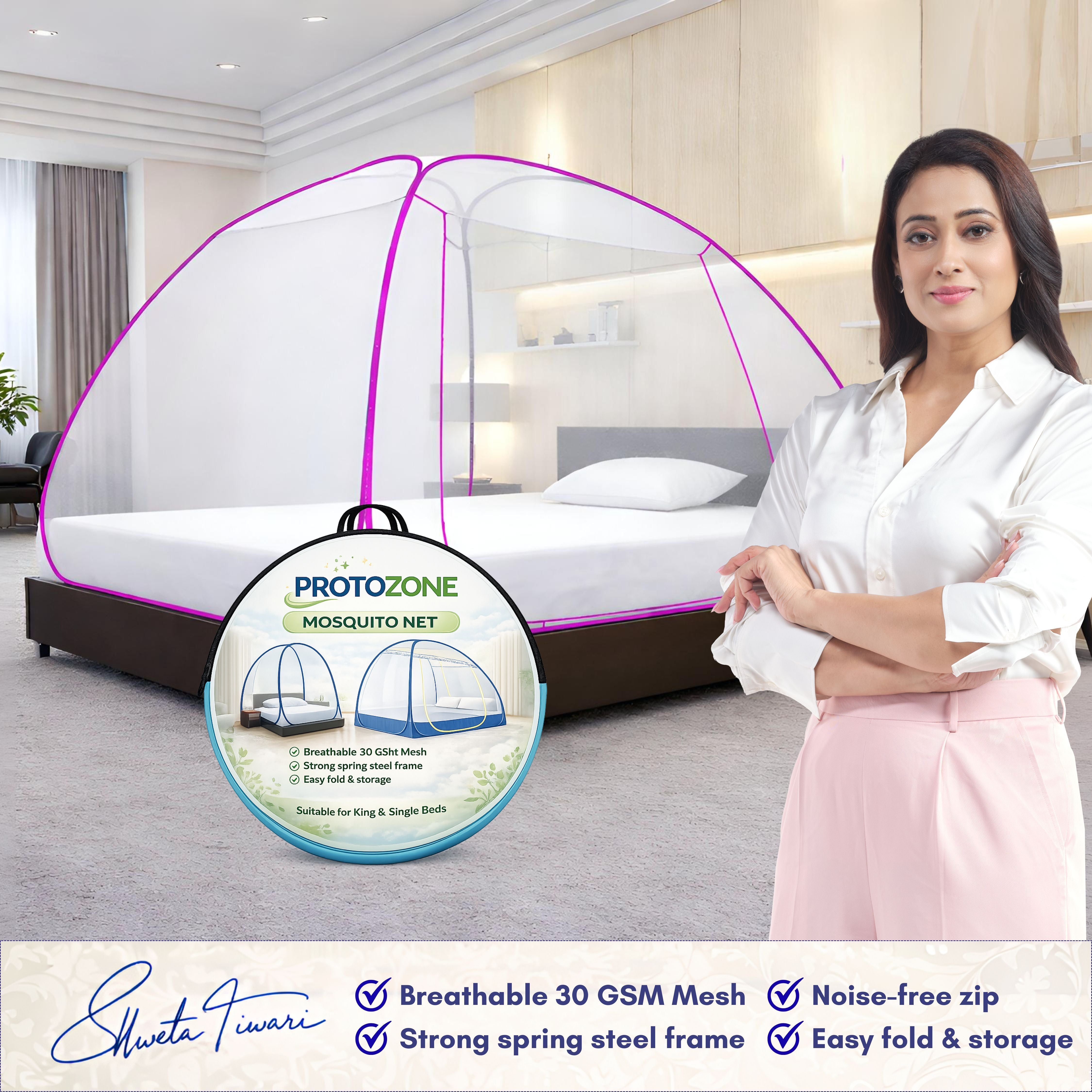 Foldable Mosquito Net for Double/King Size Bed – Fine Mesh Anti Mosquito Net with Zipper Door, Lightweight & Easy to Install (Multicolor)