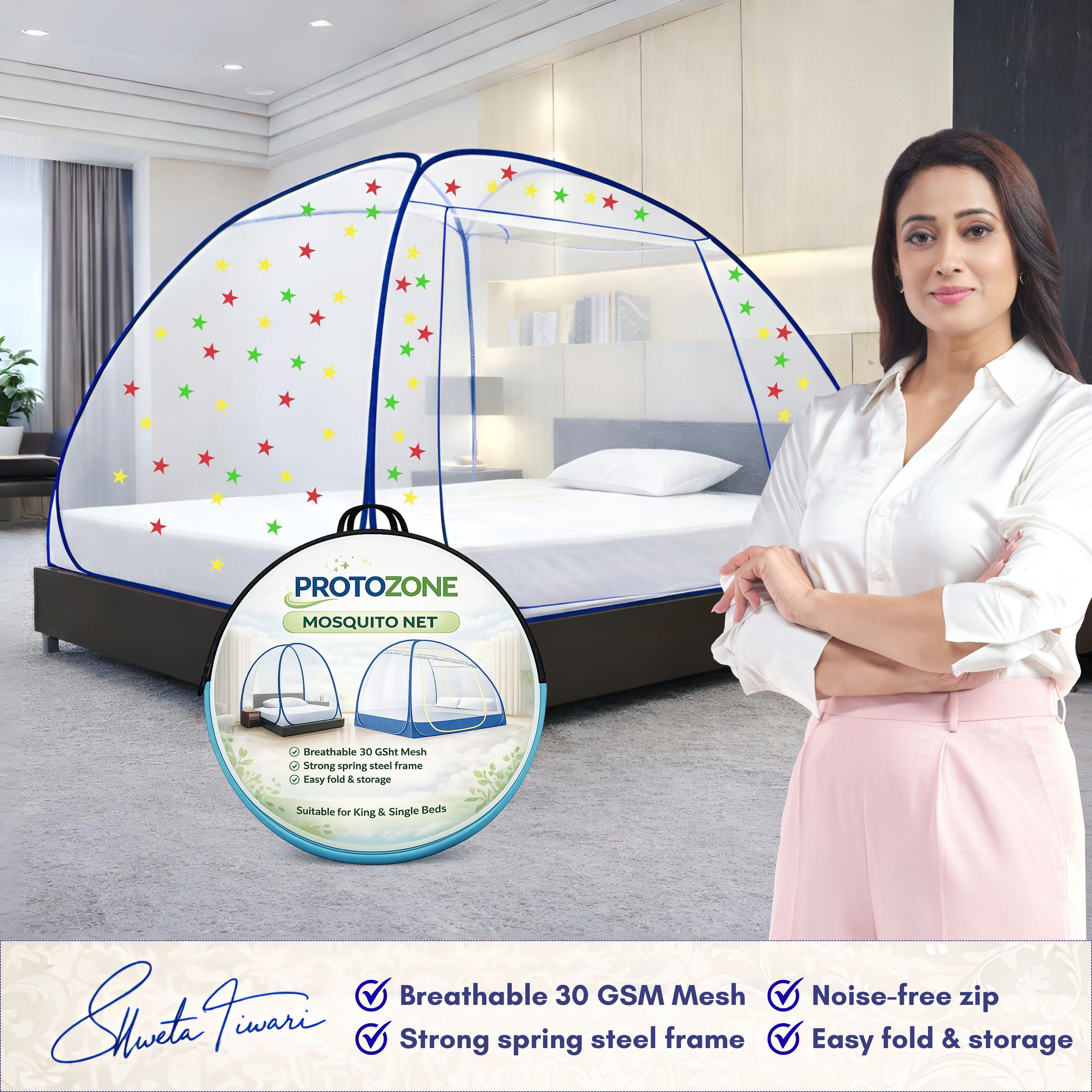 Foldable Mosquito Net for Double/King Size Bed – Fine Mesh Anti Mosquito Net with Zipper Door, Lightweight & Easy to Install (Multicolor)