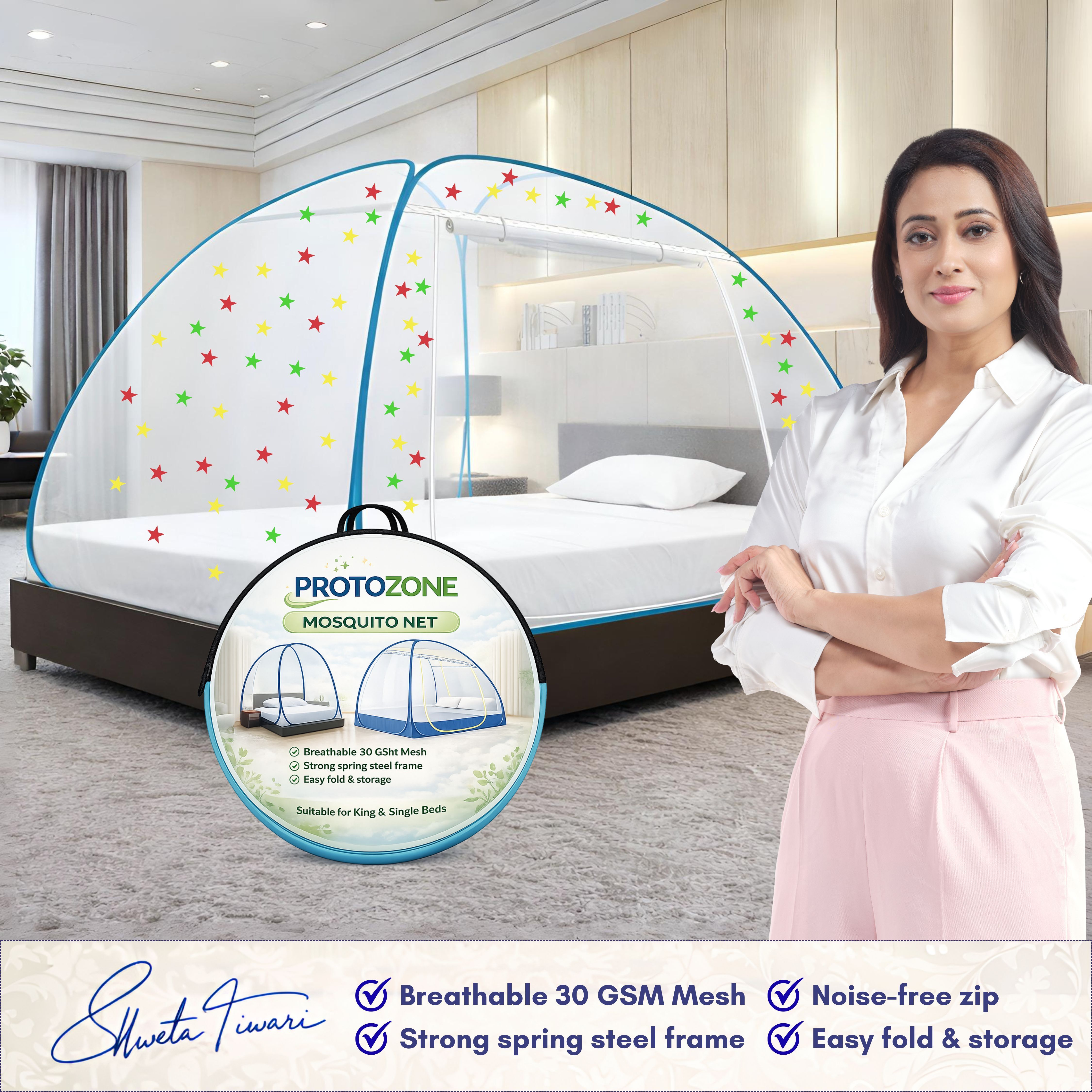 Foldable Mosquito Net for Double/King Size Bed – Fine Mesh Anti Mosquito Net with Zipper Door, Lightweight & Easy to Install (Multicolor)