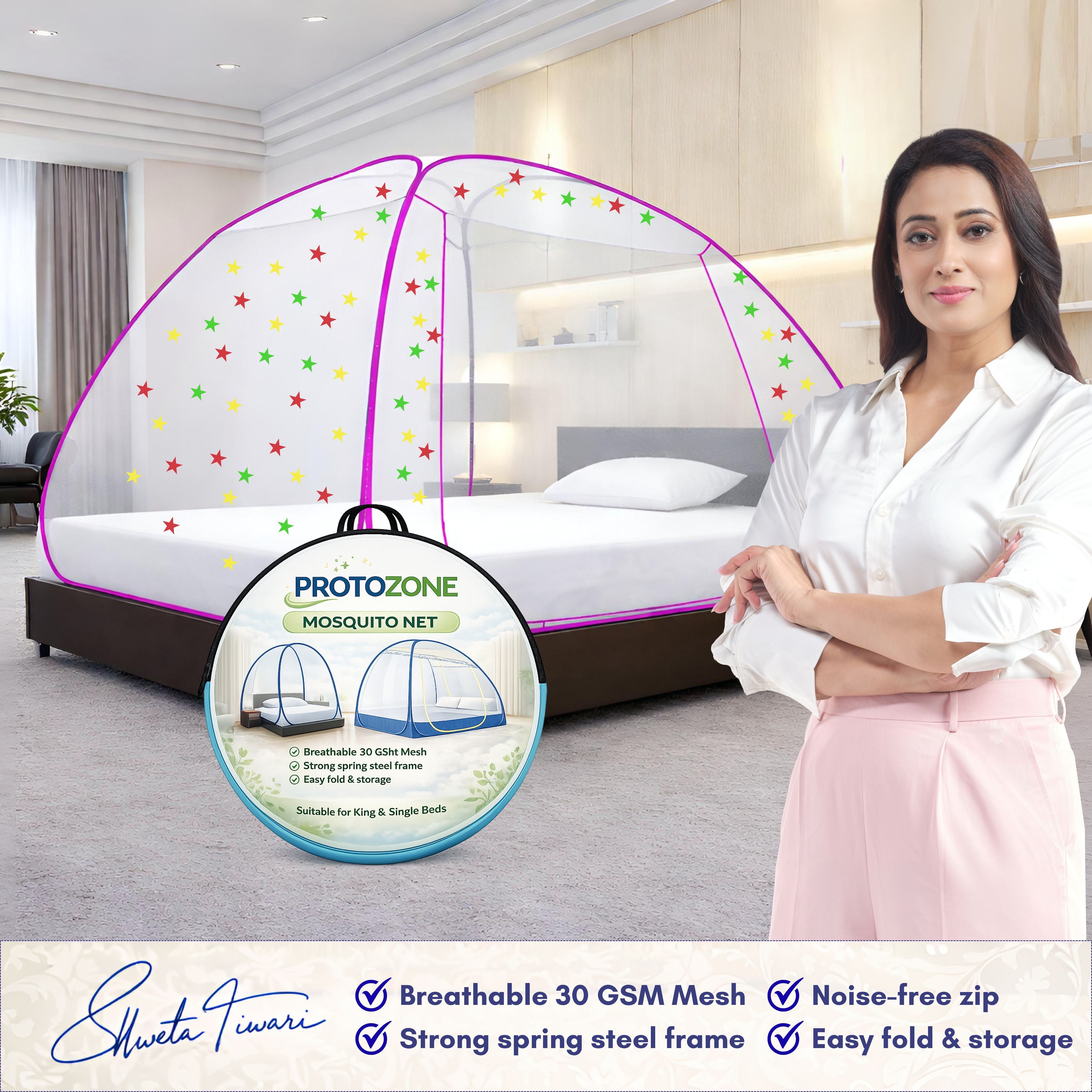 Foldable Mosquito Net for Double/King Size Bed – Fine Mesh Anti Mosquito Net with Zipper Door, Lightweight & Easy to Install (Multicolor)