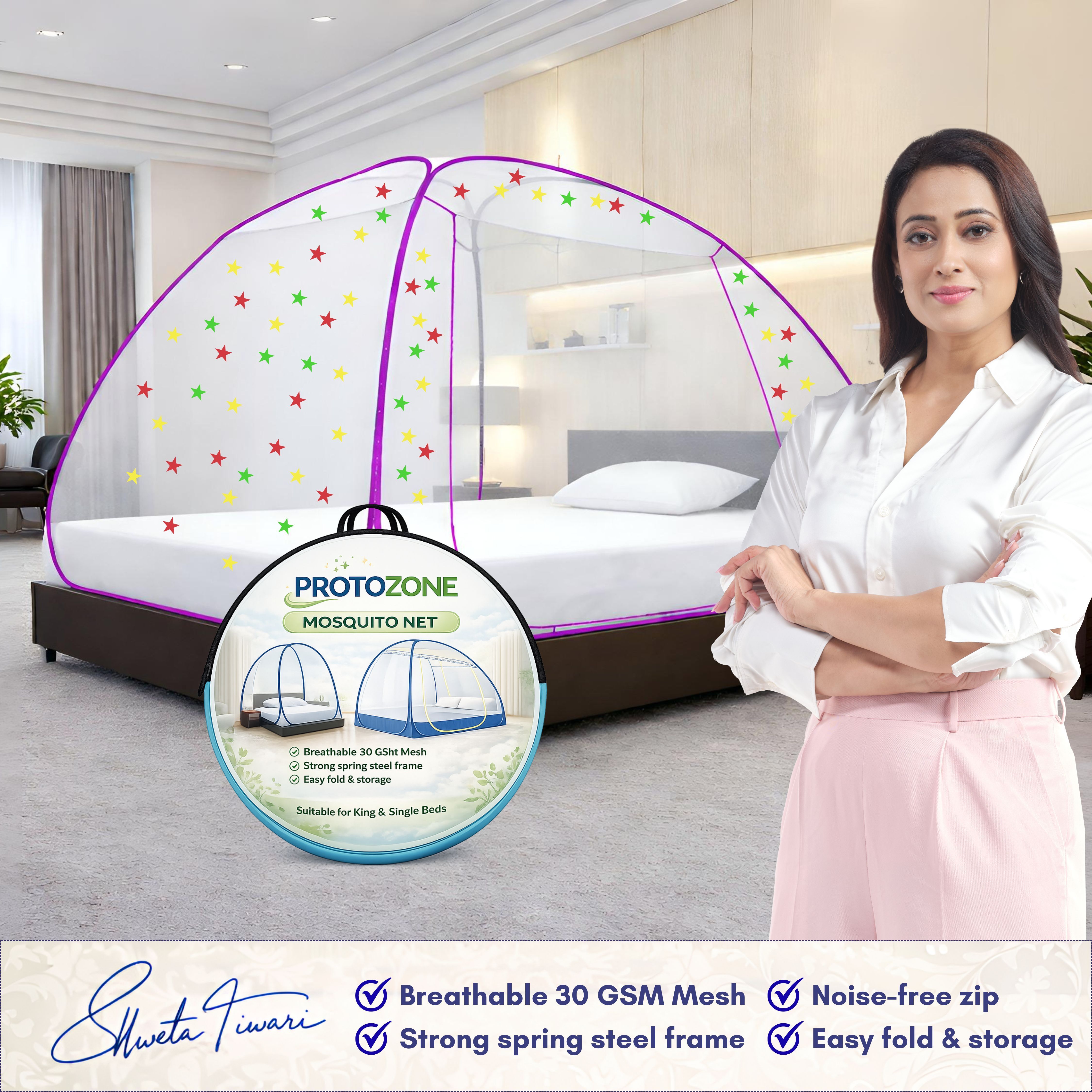 Foldable Mosquito Net for Double/King Size Bed – Fine Mesh Anti Mosquito Net with Zipper Door, Lightweight & Easy to Install (Multicolor)