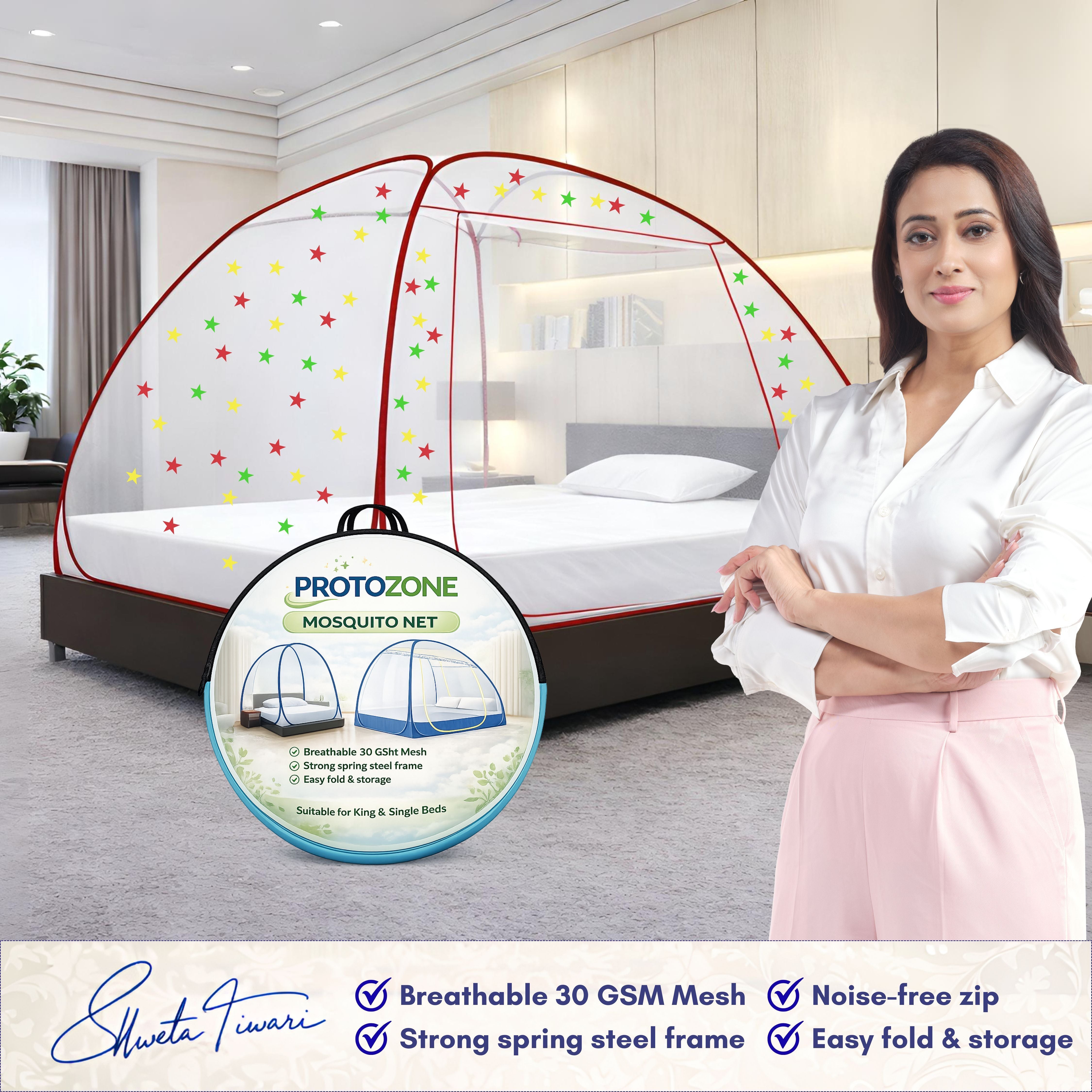 Foldable Mosquito Net for Double/King Size Bed – Fine Mesh Anti Mosquito Net with Zipper Door, Lightweight & Easy to Install (Multicolor)