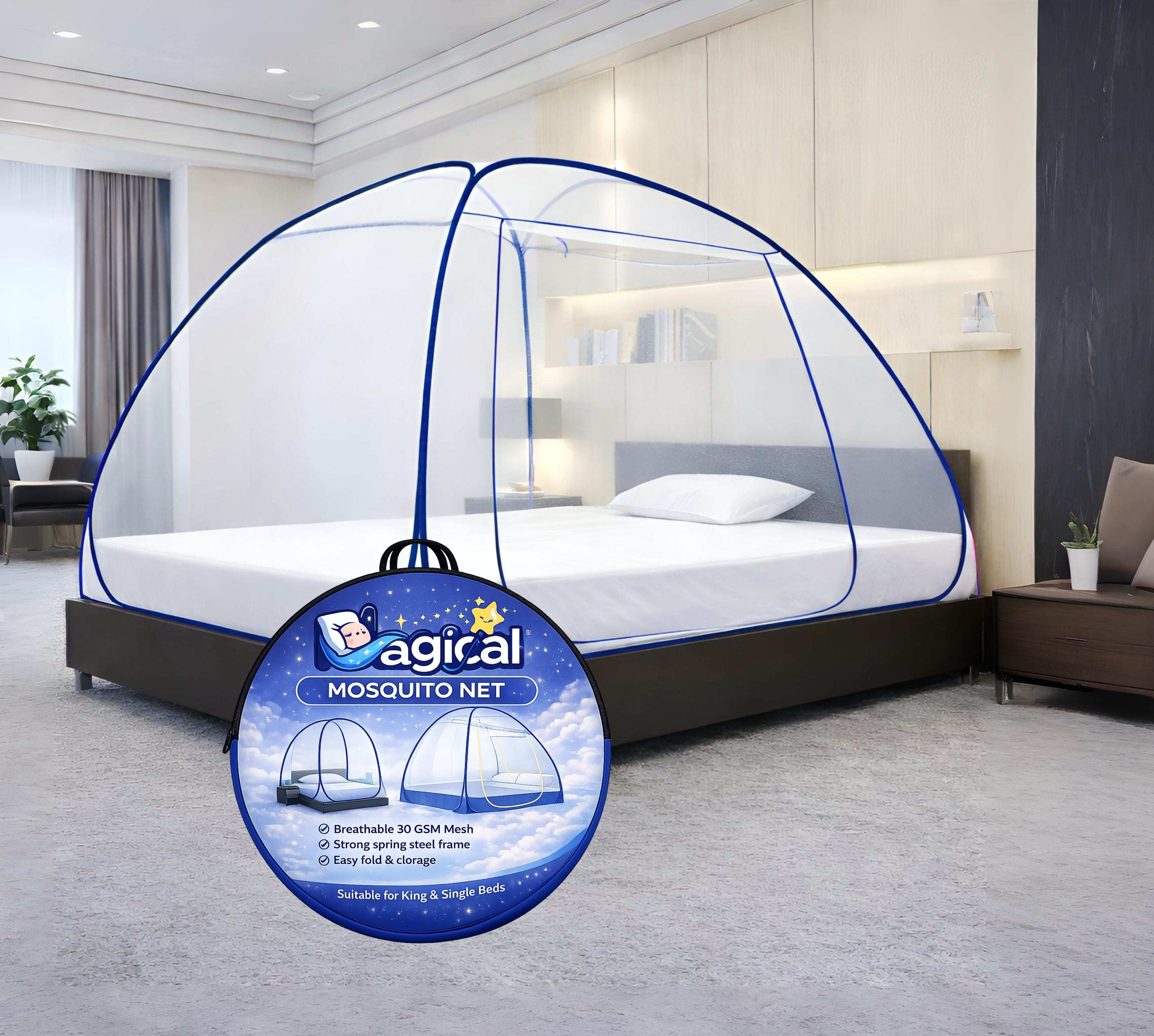 Foldable Mosquito Net for Double/King Size Bed – Fine Mesh Anti Mosquito Net with Zipper Door, Lightweight & Easy to Install (Multicolor)