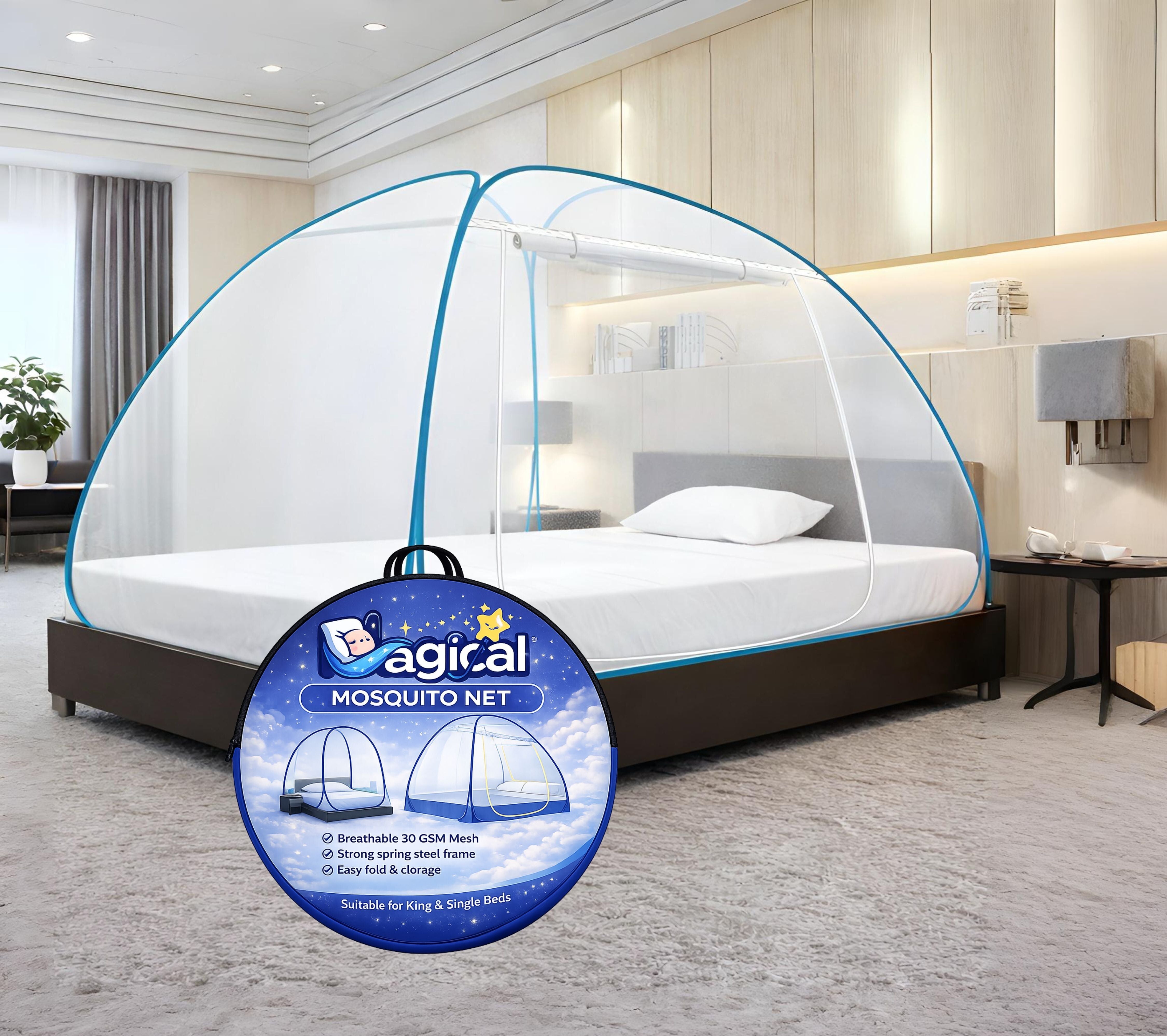Foldable Mosquito Net for Double/King Size Bed – Fine Mesh Anti Mosquito Net with Zipper Door, Lightweight & Easy to Install (Multicolor)