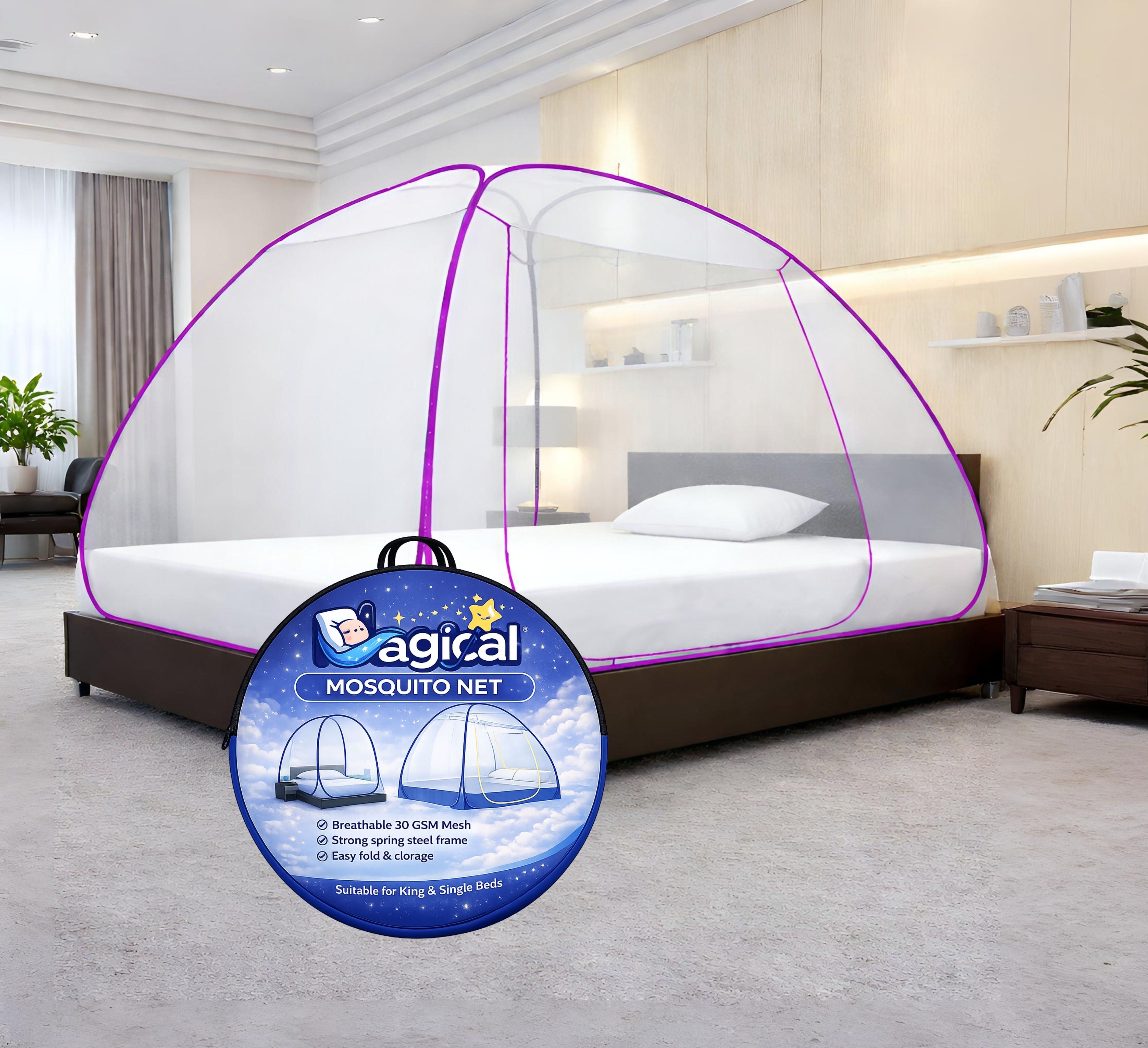 Foldable Mosquito Net for Double/King Size Bed – Fine Mesh Anti Mosquito Net with Zipper Door, Lightweight & Easy to Install (Multicolor)