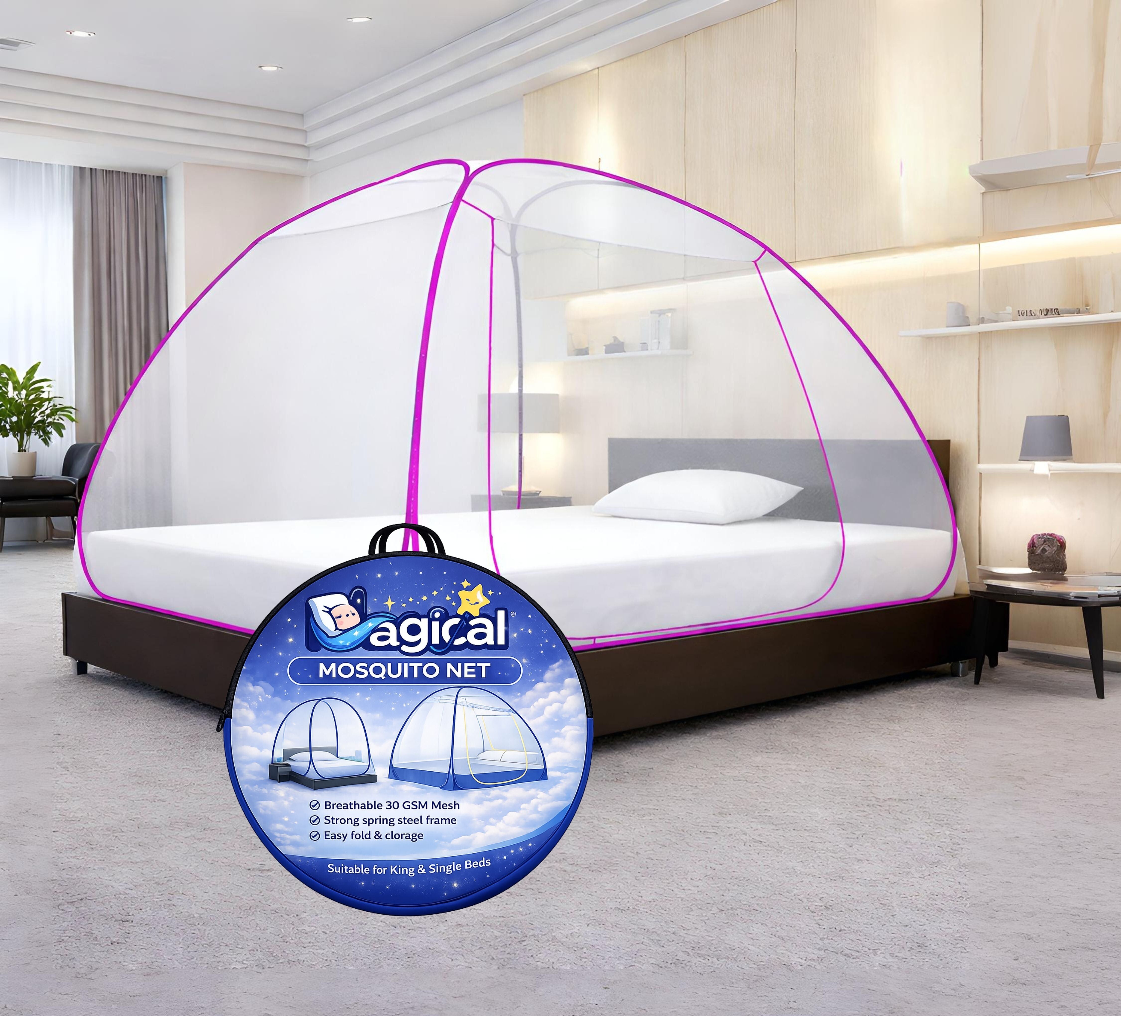 Foldable Mosquito Net for Double/King Size Bed – Fine Mesh Anti Mosquito Net with Zipper Door, Lightweight & Easy to Install (Multicolor)