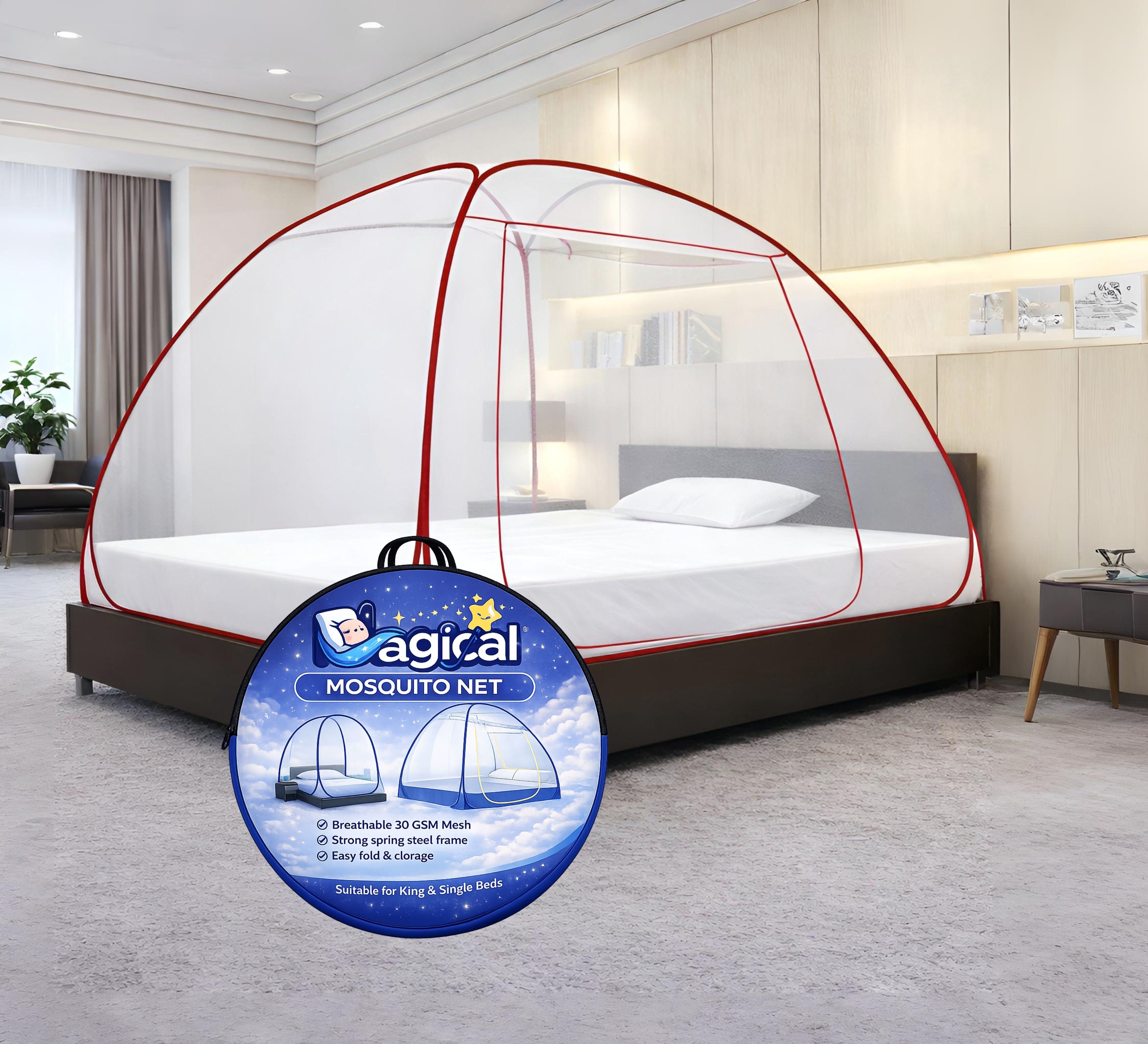 Foldable Mosquito Net for Double/King Size Bed – Fine Mesh Anti Mosquito Net with Zipper Door, Lightweight & Easy to Install (Multicolor)