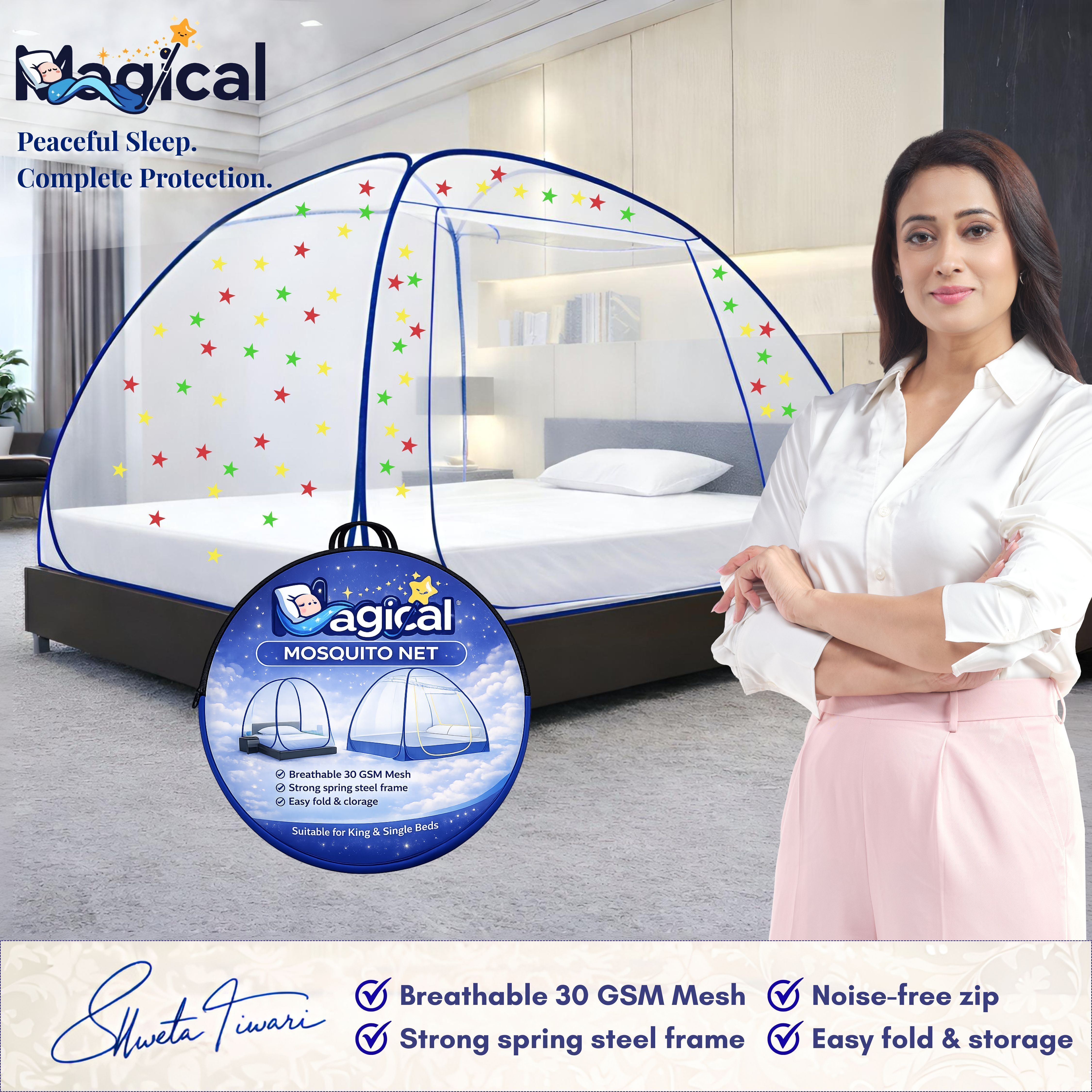 Foldable Mosquito Net for Double/King Size Bed – Fine Mesh Anti Mosquito Net with Zipper Door, Lightweight & Easy to Install (Multicolor)