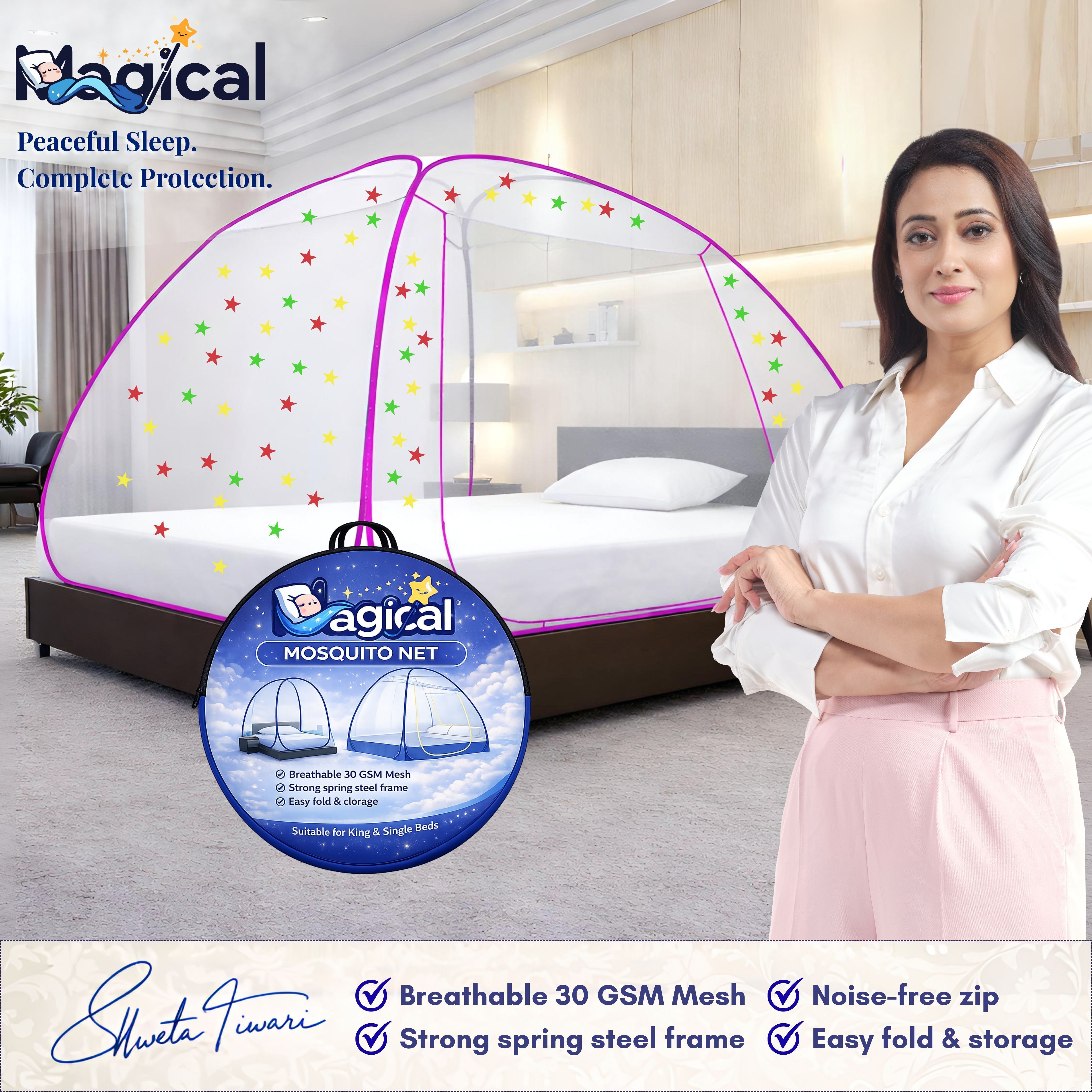 Foldable Mosquito Net for Double/King Size Bed – Fine Mesh Anti Mosquito Net with Zipper Door, Lightweight & Easy to Install (Multicolor)