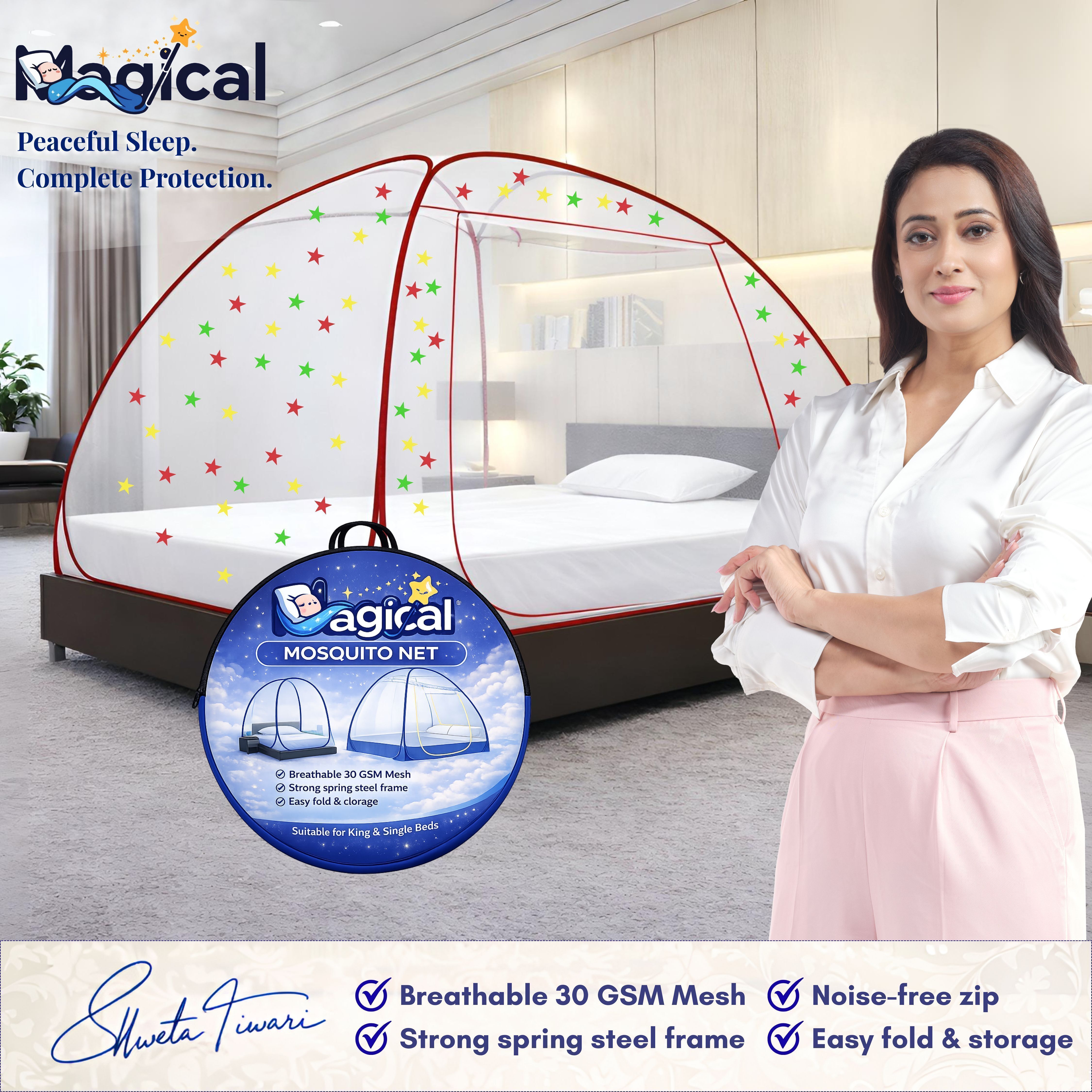 Foldable Mosquito Net for Double/King Size Bed – Fine Mesh Anti Mosquito Net with Zipper Door, Lightweight & Easy to Install (Multicolor)