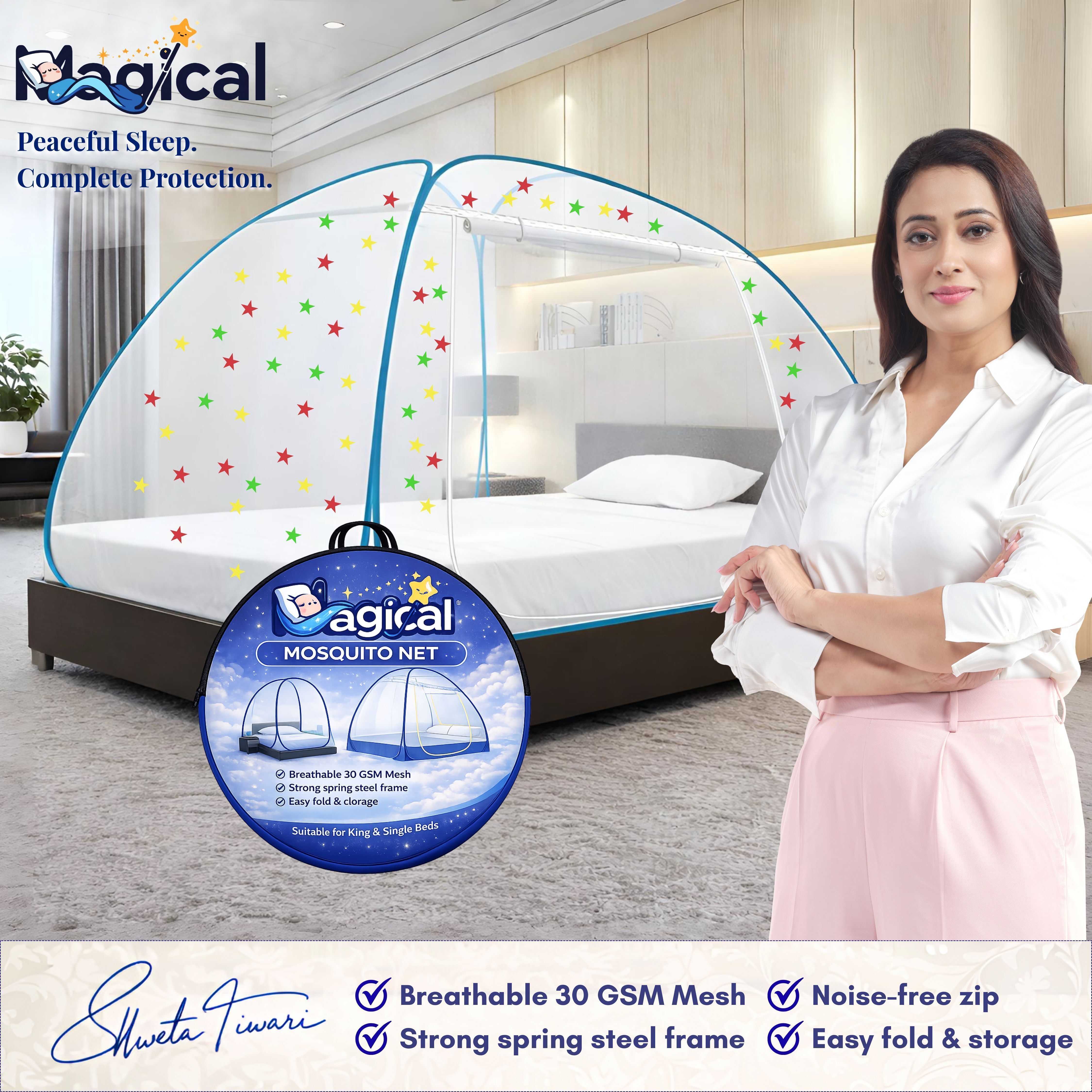 Foldable Mosquito Net for Double/King Size Bed – Fine Mesh Anti Mosquito Net with Zipper Door, Lightweight & Easy to Install (Multicolor)