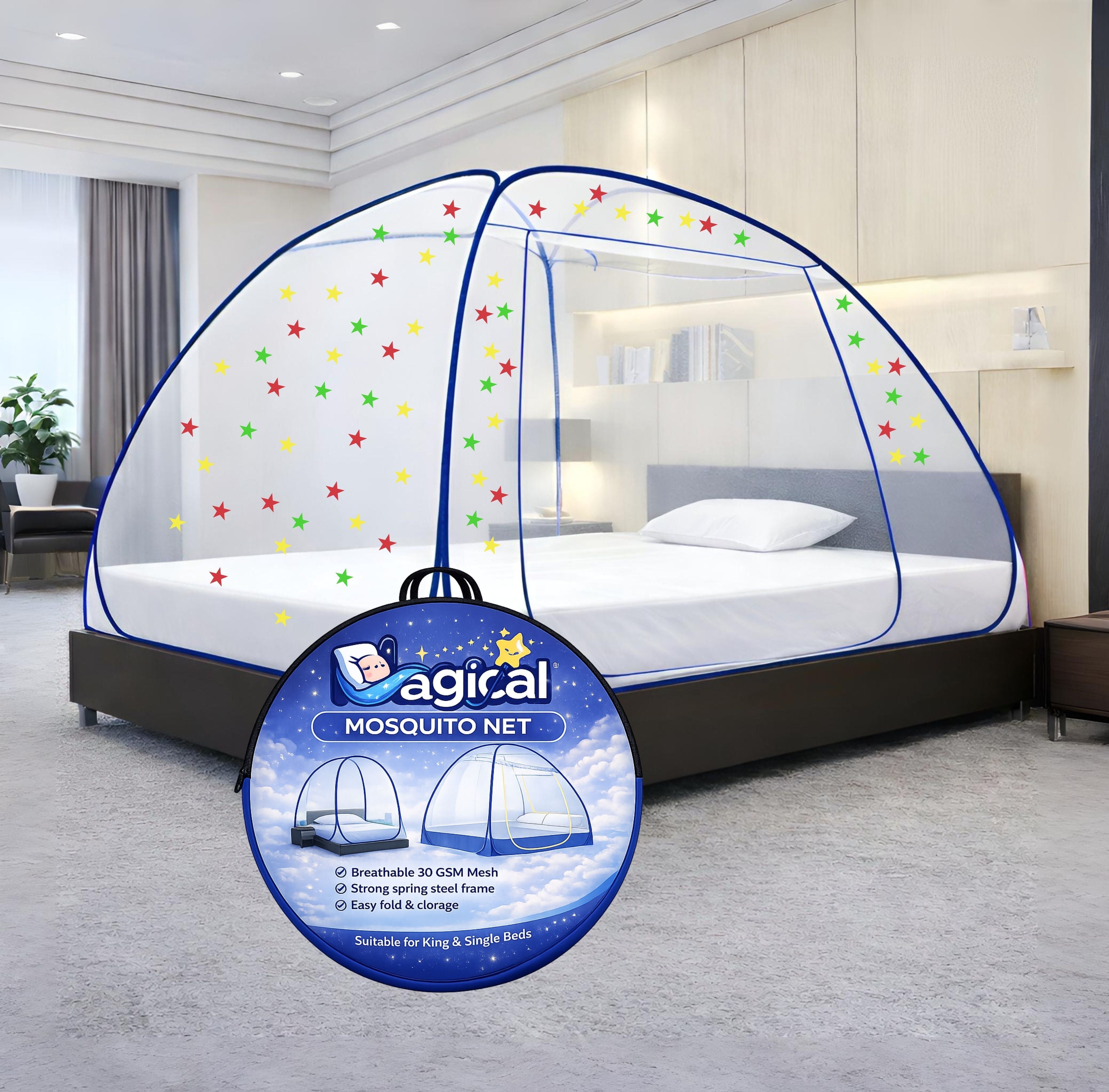 Foldable Mosquito Net for Double/King Size Bed – Fine Mesh Anti Mosquito Net with Zipper Door, Lightweight & Easy to Install (Multicolor)
