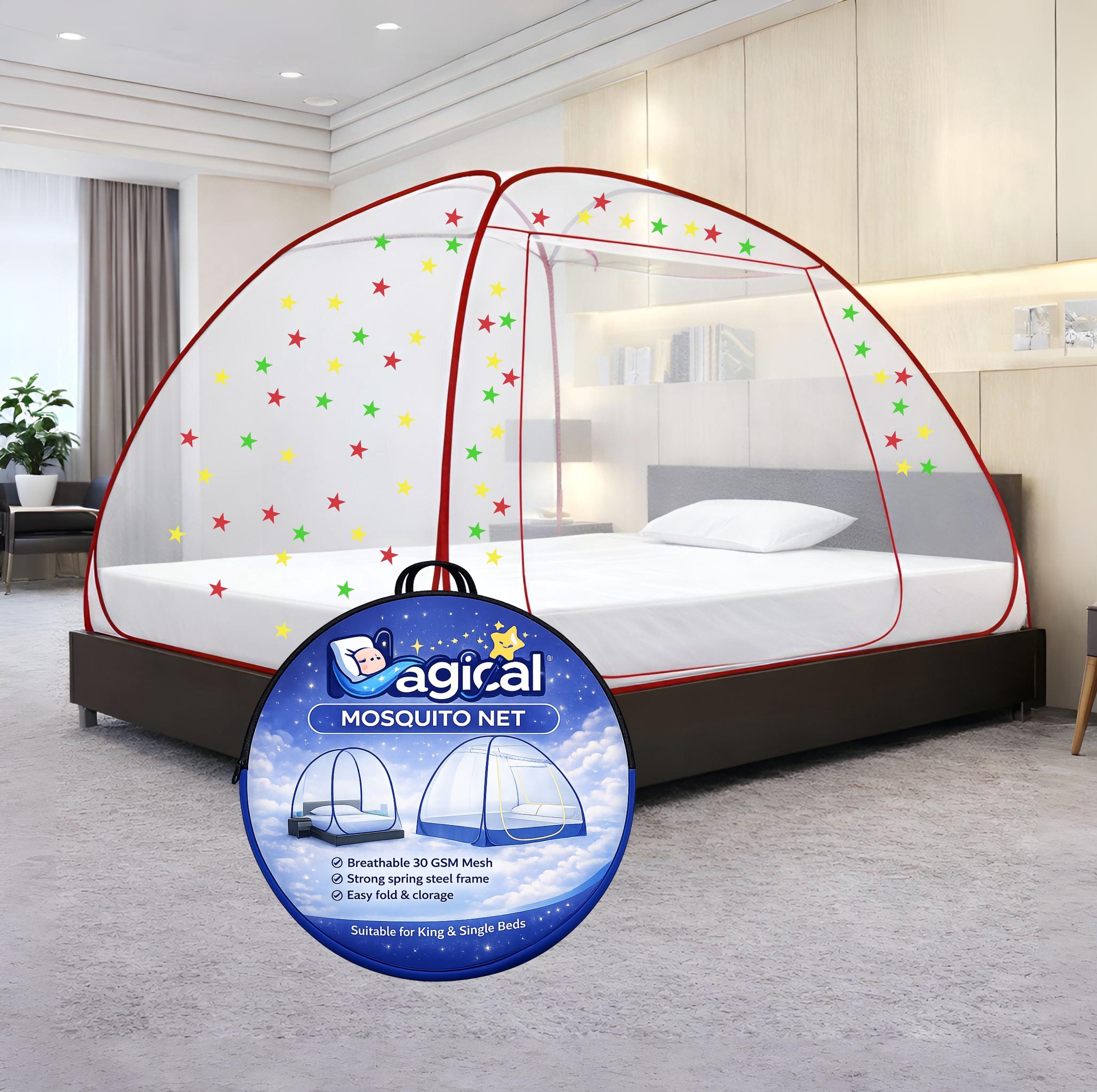 Foldable Mosquito Net for Double/King Size Bed – Fine Mesh Anti Mosquito Net with Zipper Door, Lightweight & Easy to Install (Multicolor)