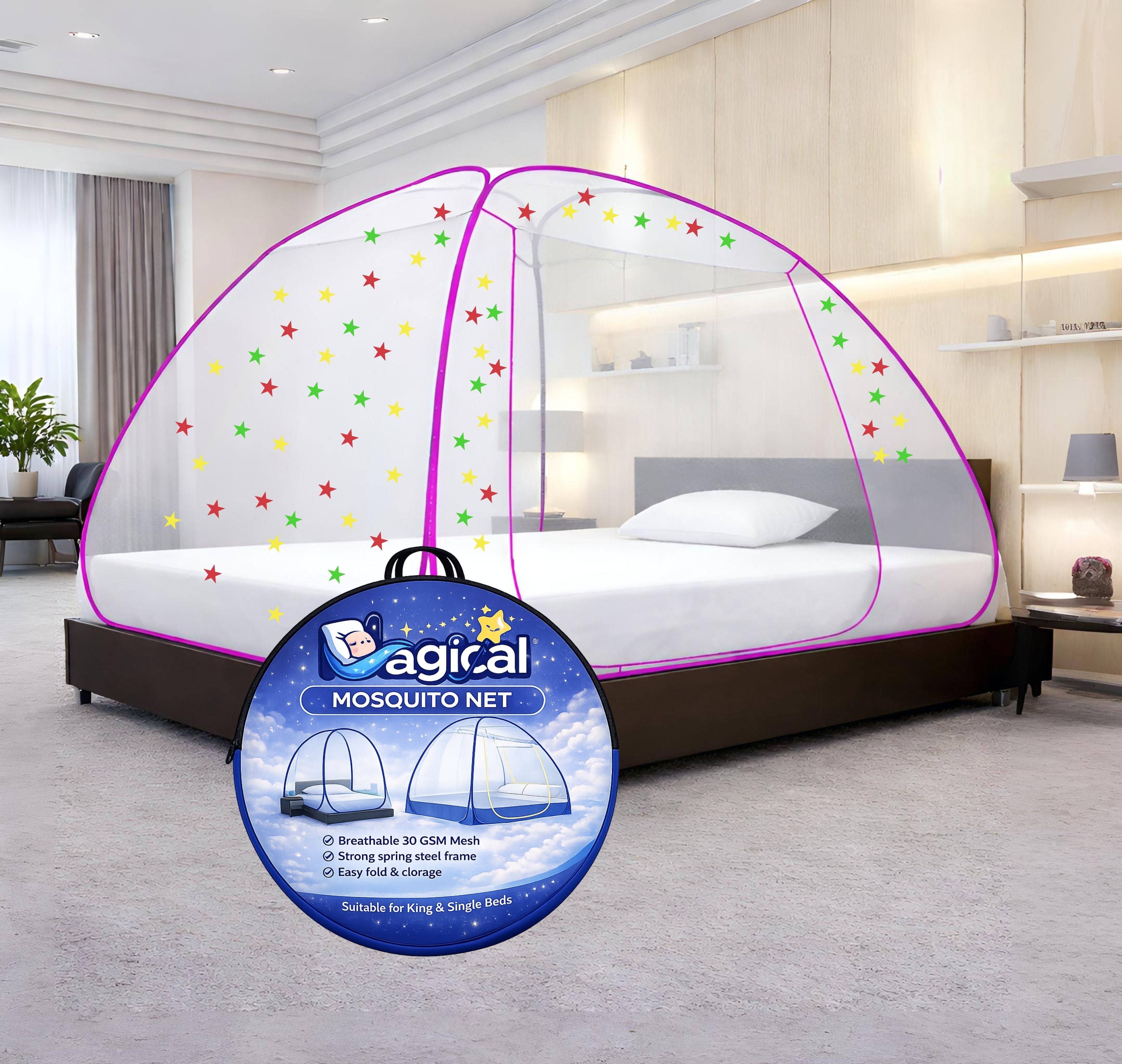 Foldable Mosquito Net for Double/King Size Bed – Fine Mesh Anti Mosquito Net with Zipper Door, Lightweight & Easy to Install (Multicolor)