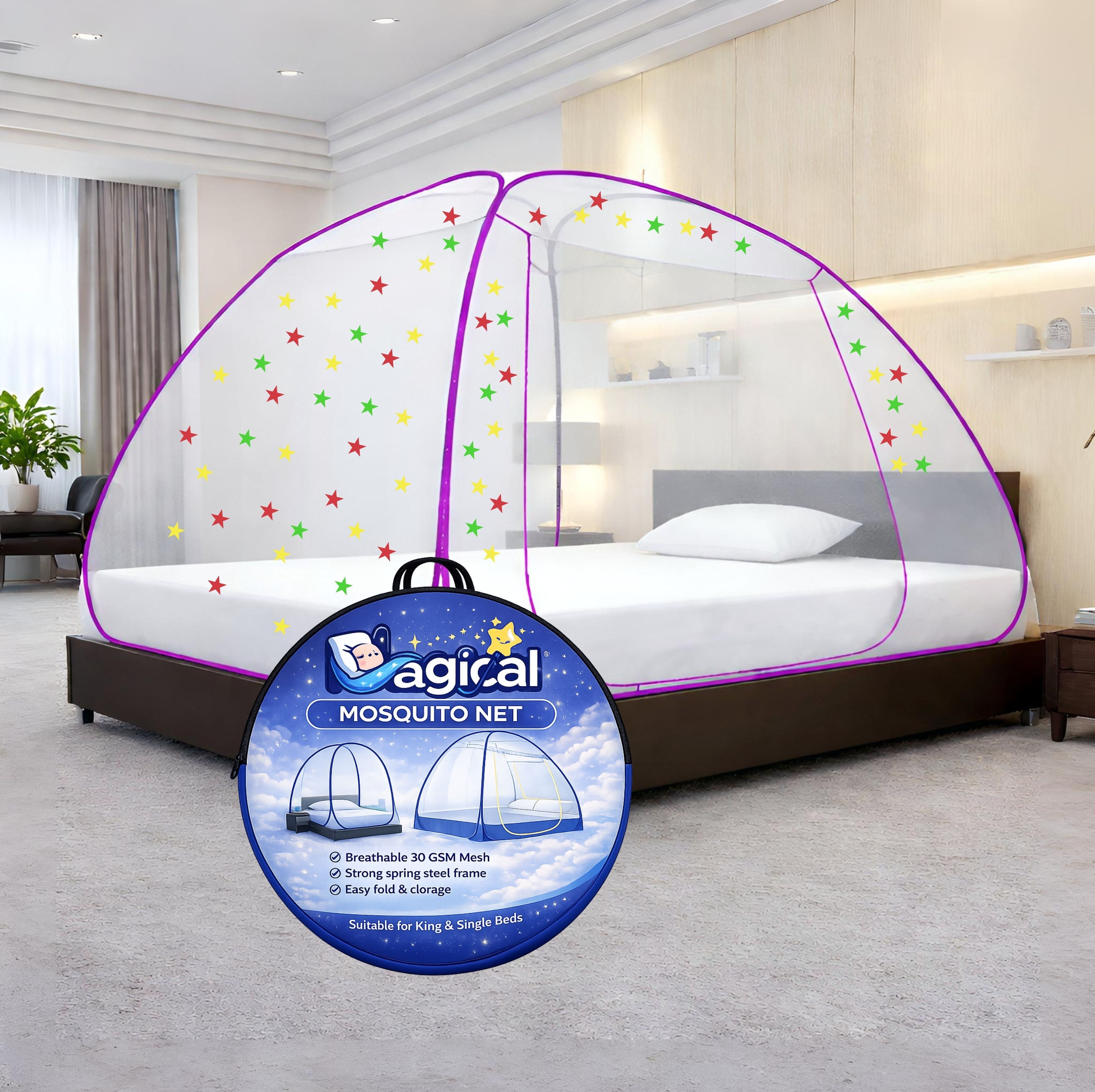Foldable Mosquito Net for Double/King Size Bed – Fine Mesh Anti Mosquito Net with Zipper Door, Lightweight & Easy to Install (Multicolor)