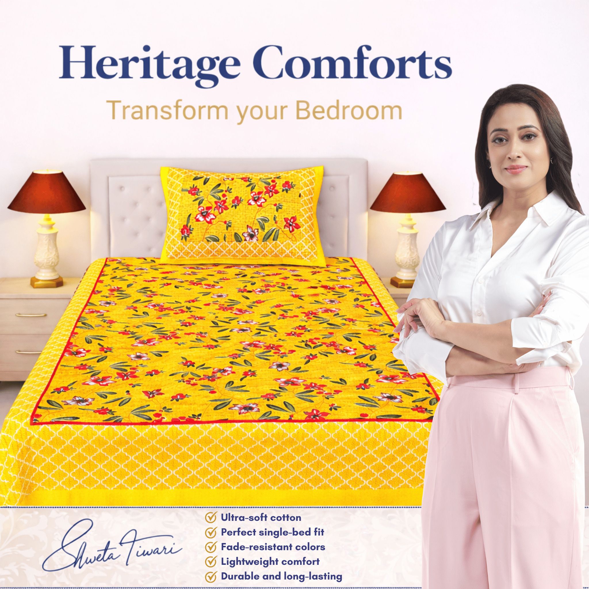Cotton 144 TC Printed Single Bedsheet with 1 Pillow Cover – Soft & Breathable Flat Bed Sheet (Multicolor)